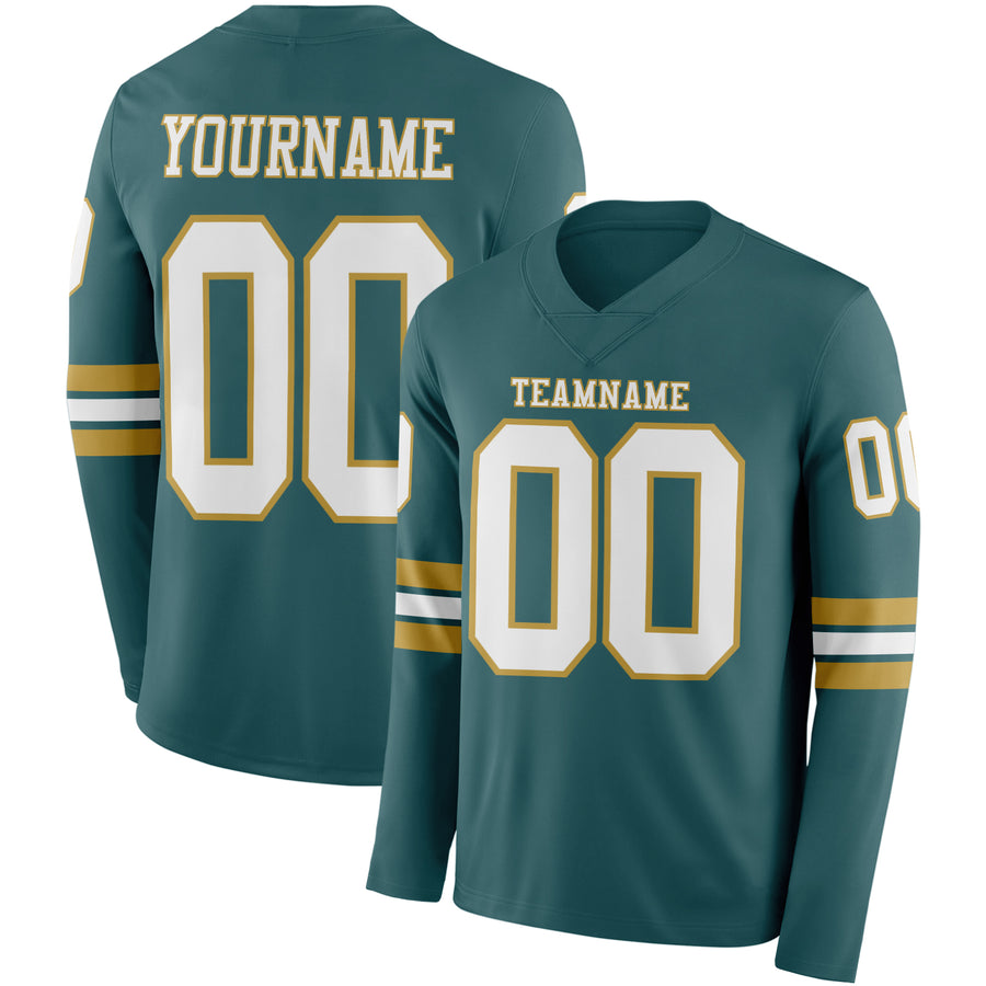 Custom Midnight Green White-Old Gold Long Sleeve Authentic Football Jersey