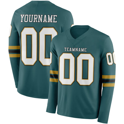 Custom Midnight Green White Old Gold-Black Long Sleeve Authentic Football Jersey