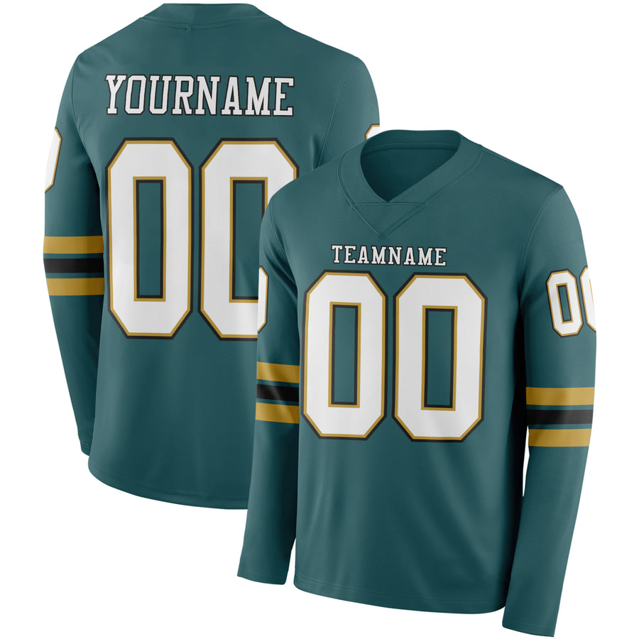 Custom Midnight Green White Old Gold-Black Long Sleeve Authentic Football Jersey