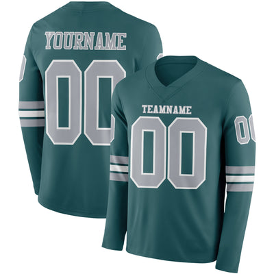 Custom Midnight Green Gray-White Long Sleeve Authentic Football Jersey