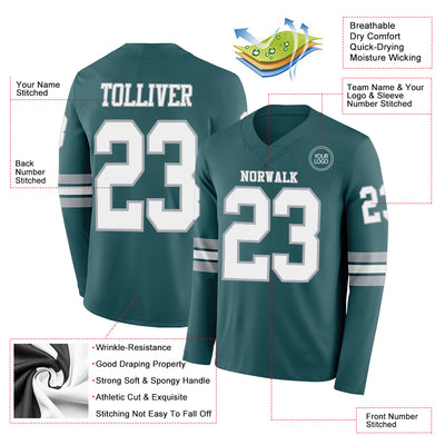 Custom Midnight Green White-Gray Long Sleeve Authentic Football Jersey