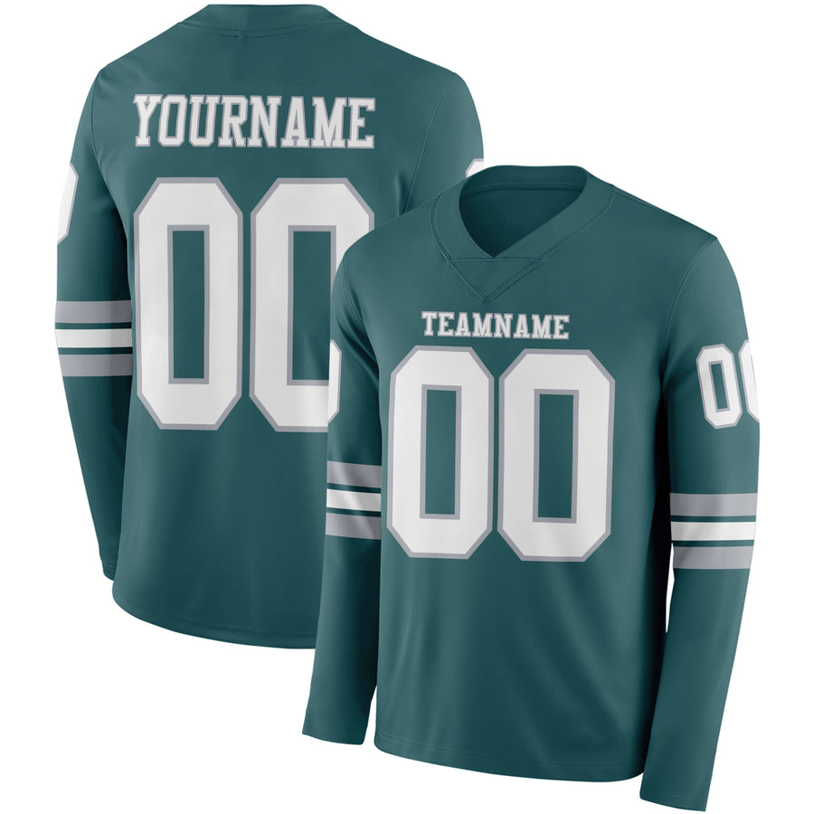 Custom Midnight Green White-Gray Long Sleeve Authentic Football Jersey