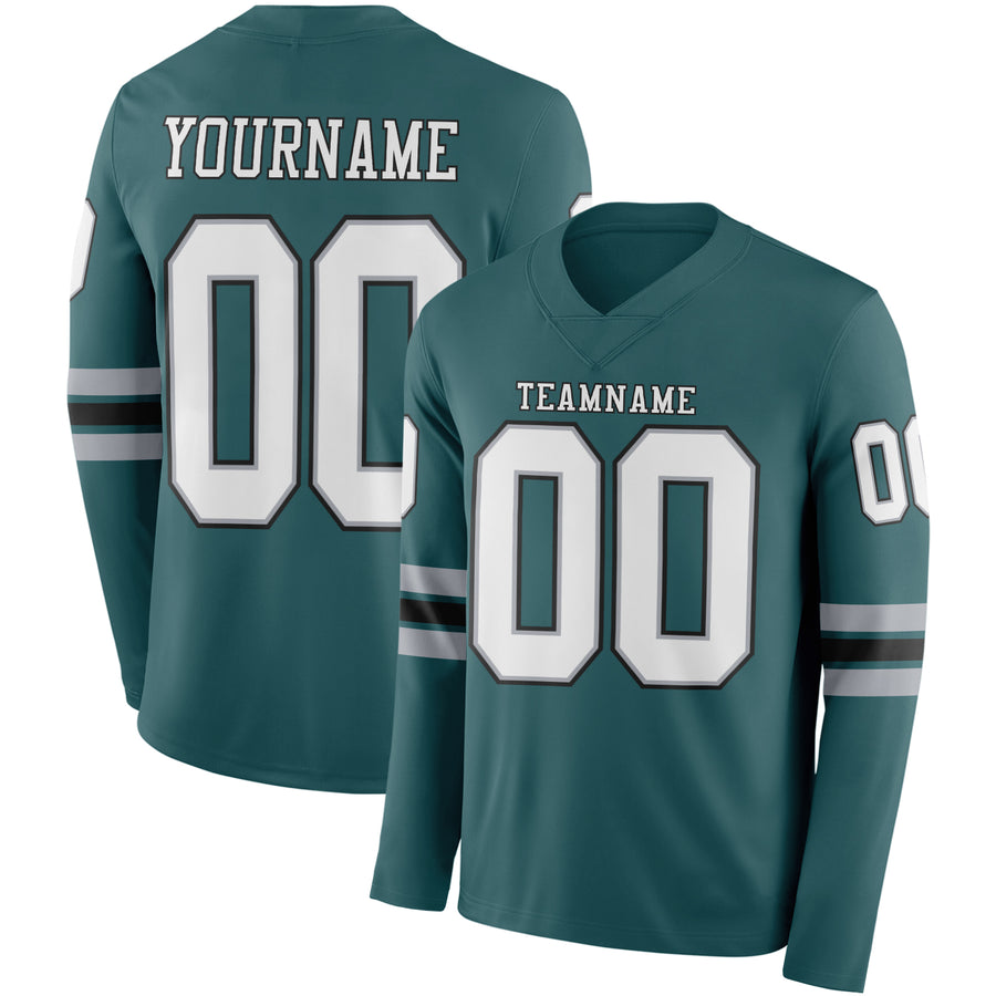 Custom Midnight Green White Gray-Black Long Sleeve Authentic Football Jersey