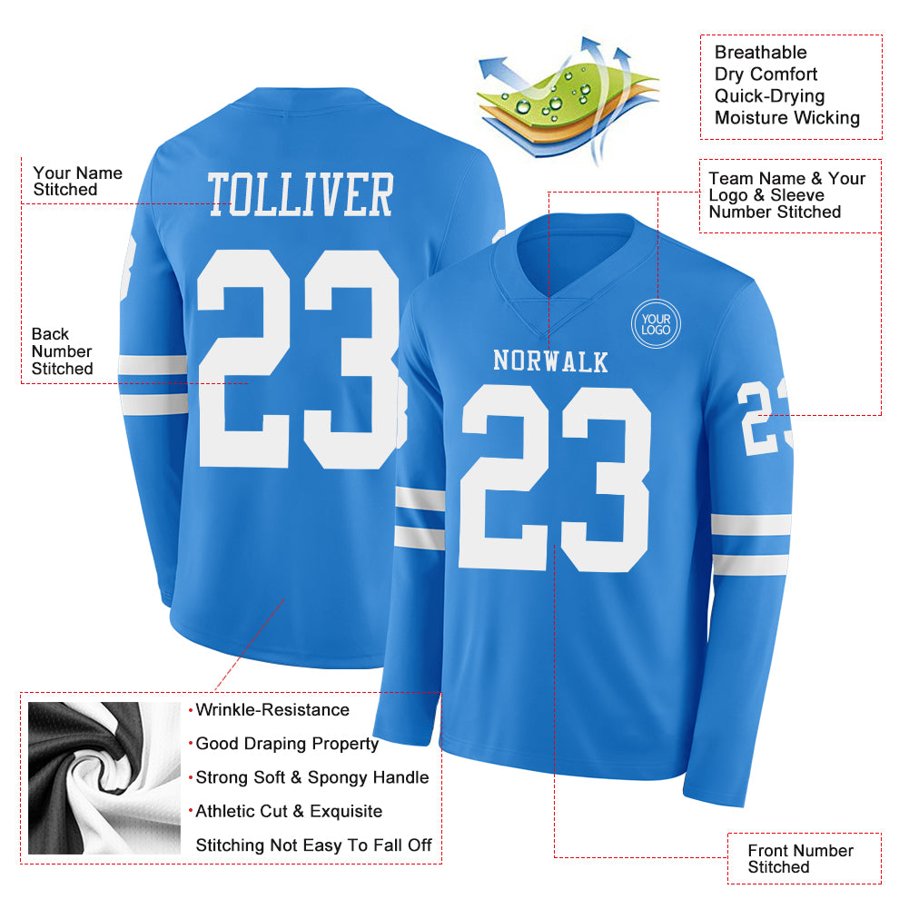 Custom Powder Blue White Long Sleeve Authentic Football Jersey