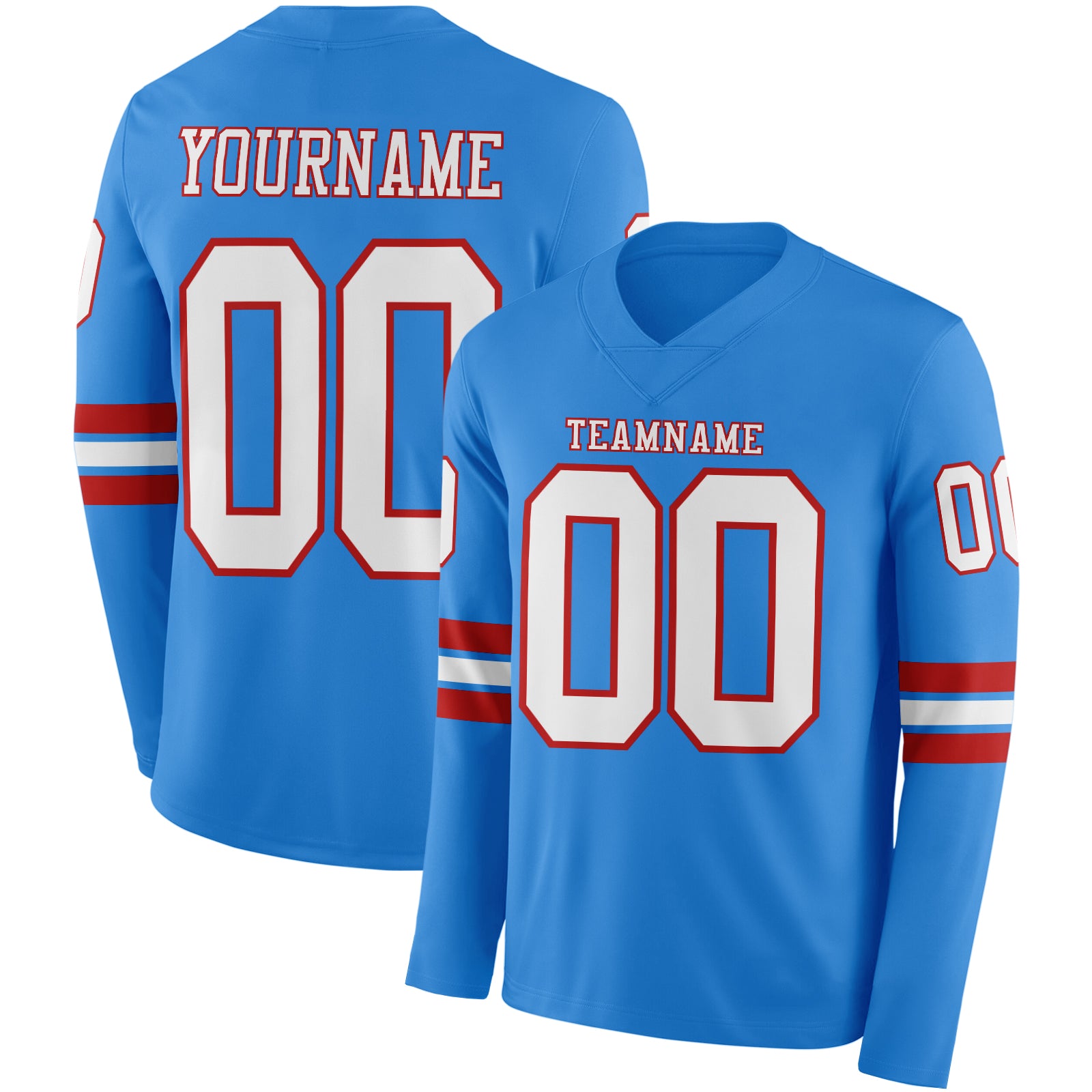 Custom Powder Blue White-Red Long Sleeve Authentic Football Jersey