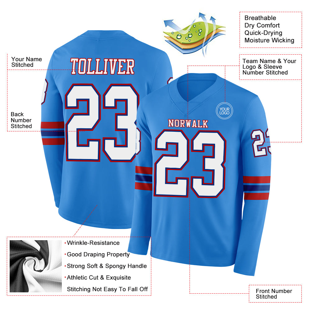 Custom Powder Blue White Royal-Red Long Sleeve Authentic Football Jersey