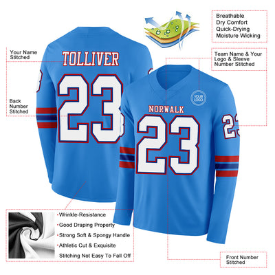 Custom Powder Blue White Royal-Red Long Sleeve Authentic Football Jersey