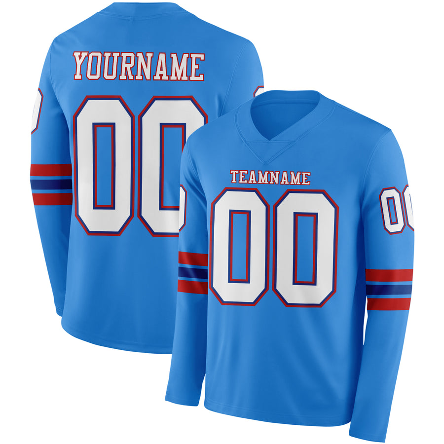 Custom Powder Blue White Royal-Red Long Sleeve Authentic Football Jersey