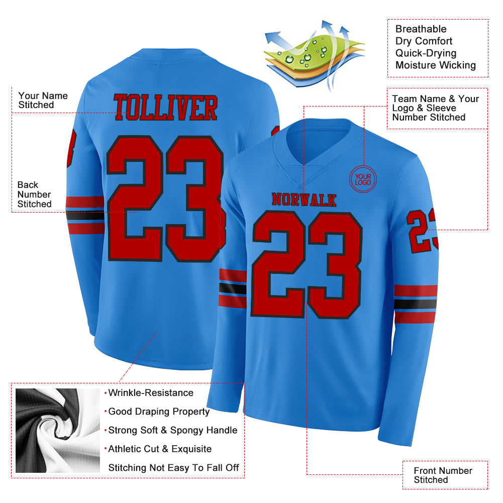 Custom Powder Blue Red-Black Long Sleeve Authentic Football Jersey