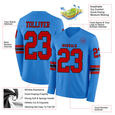 Custom Powder Blue Red-Black Long Sleeve Authentic Football Jersey