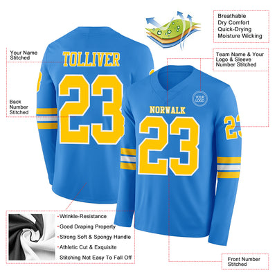 Custom Powder Blue Yellow-White Long Sleeve Authentic Football Jersey