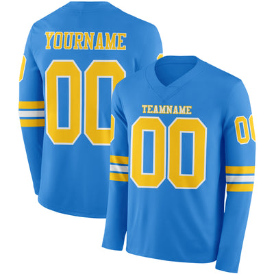 Custom Powder Blue Yellow-White Long Sleeve Authentic Football Jersey