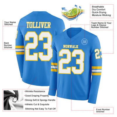 Custom Powder Blue White-Yellow Long Sleeve Authentic Football Jersey