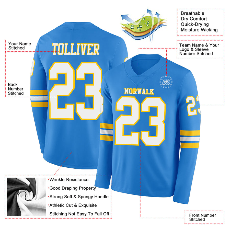 Custom Powder Blue White-Yellow Long Sleeve Authentic Football Jersey