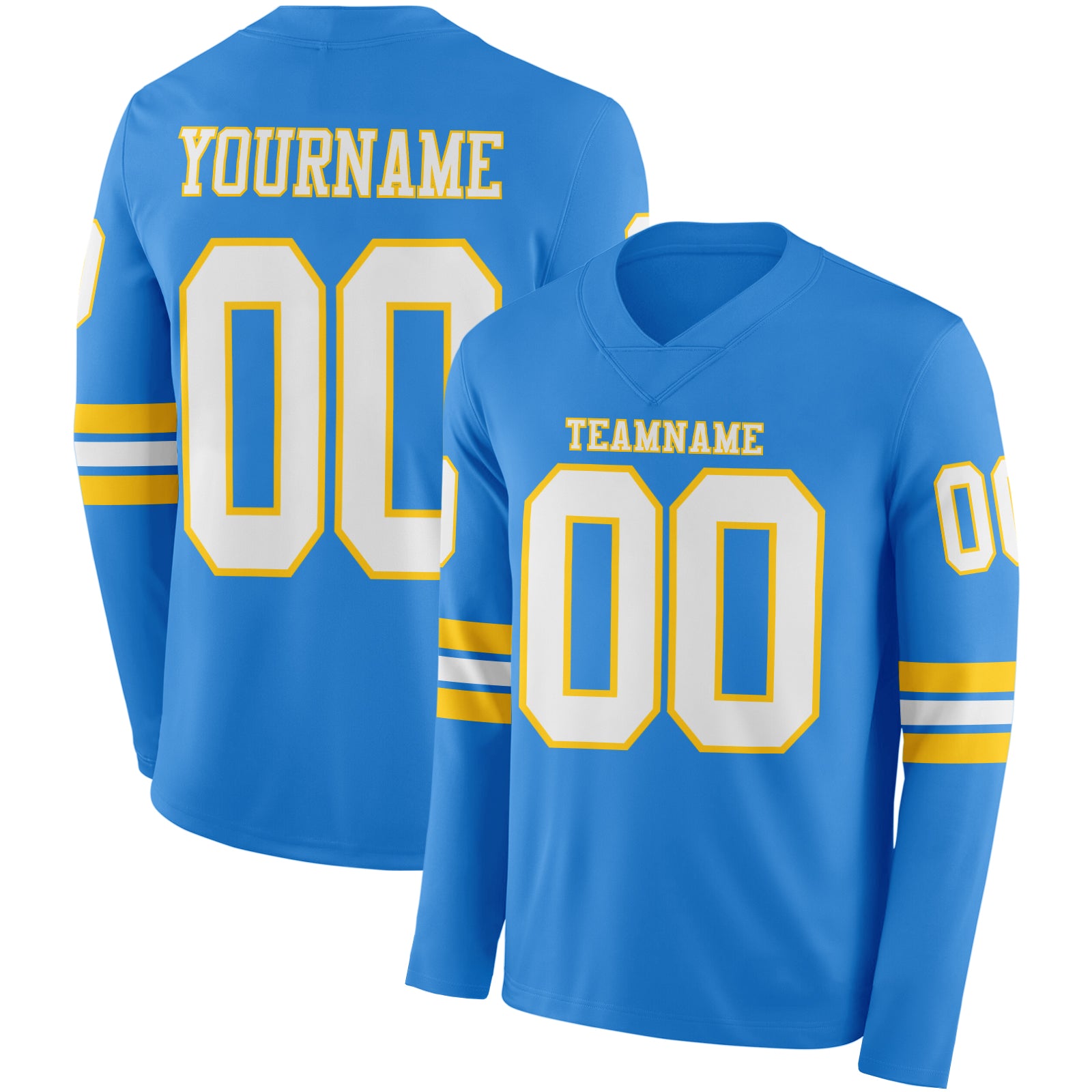 Custom Powder Blue White-Yellow Long Sleeve Authentic Football Jersey