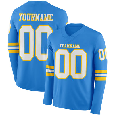 Custom Powder Blue White-Yellow Long Sleeve Authentic Football Jersey