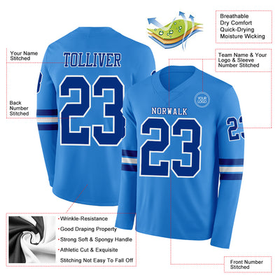 Custom Powder Blue Royal-White Long Sleeve Authentic Football Jersey
