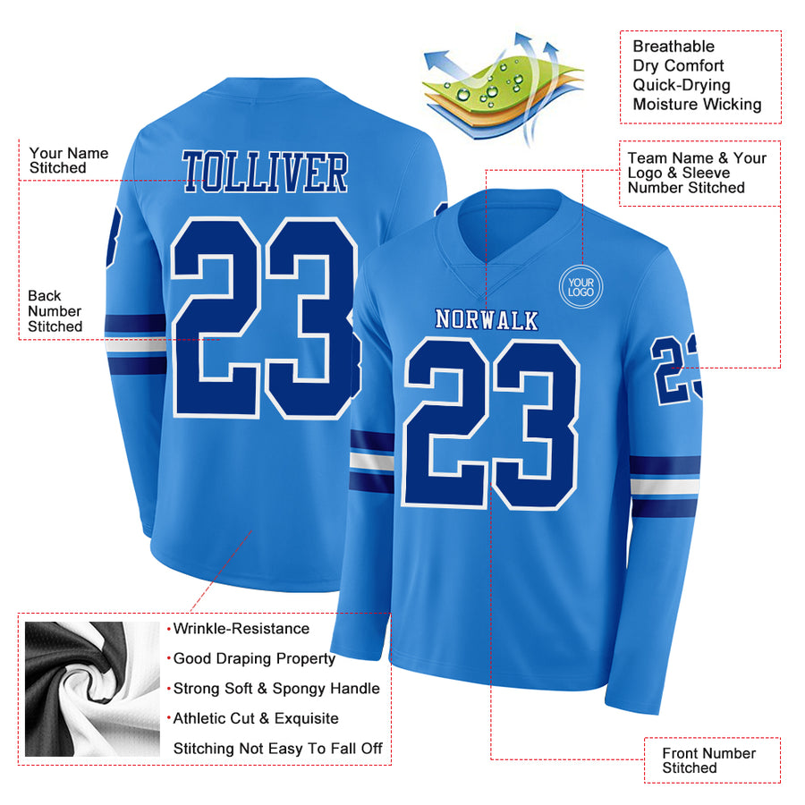 Custom Powder Blue Royal-White Long Sleeve Authentic Football Jersey