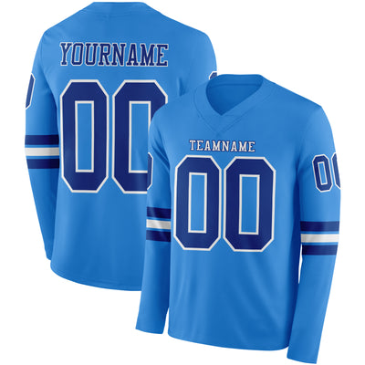 Custom Powder Blue Royal-White Long Sleeve Authentic Football Jersey