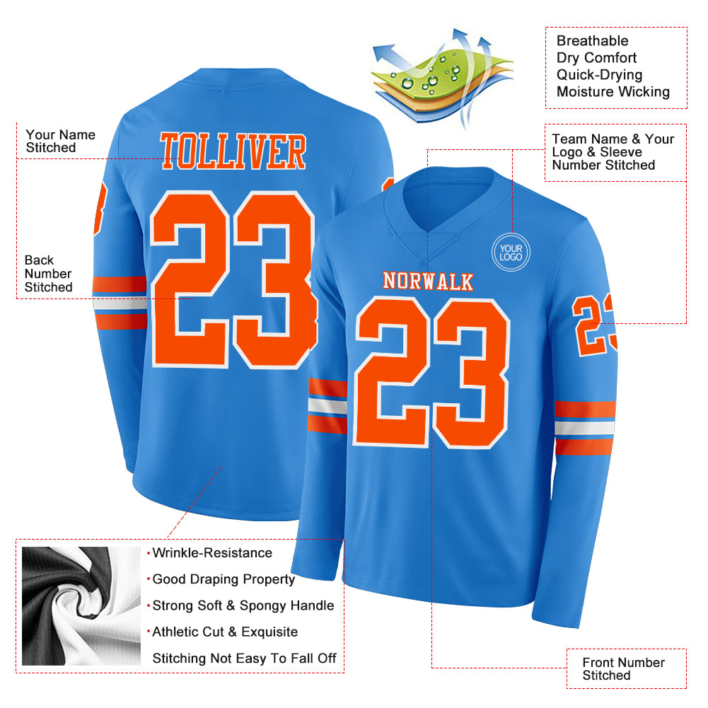 Custom Powder Blue Orange-White Long Sleeve Authentic Football Jersey