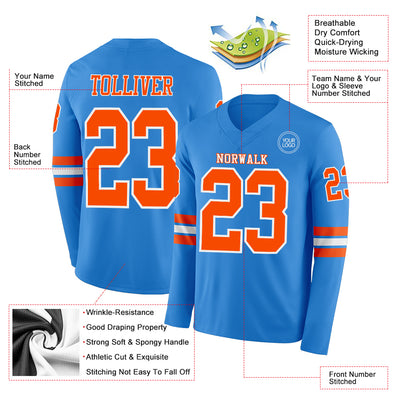 Custom Powder Blue Orange-White Long Sleeve Authentic Football Jersey