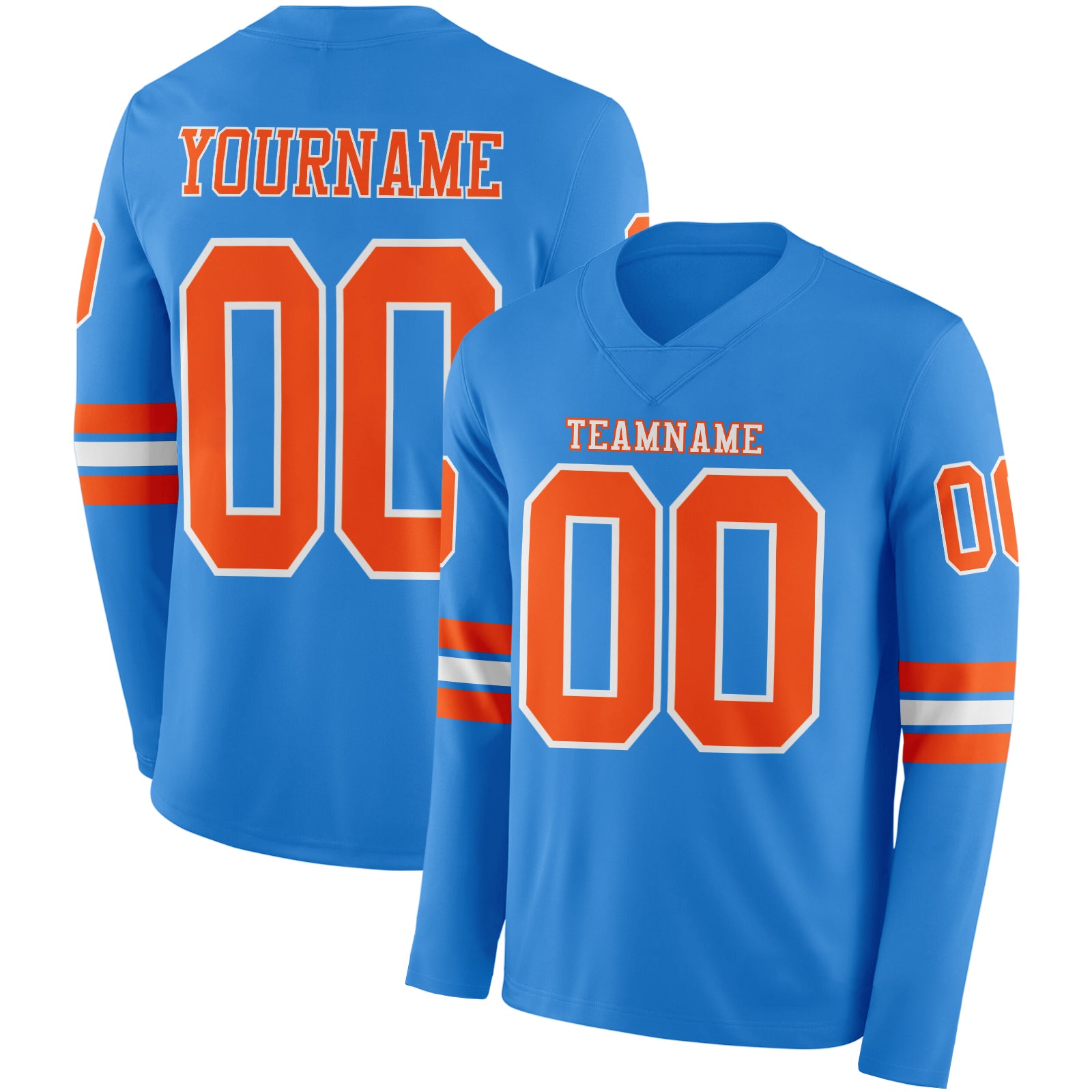Custom Powder Blue Orange-White Long Sleeve Authentic Football Jersey