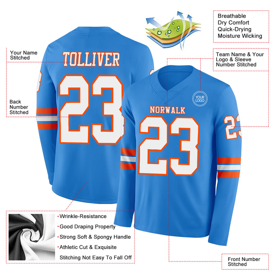 Custom Powder Blue White-Orange Long Sleeve Authentic Football Jersey