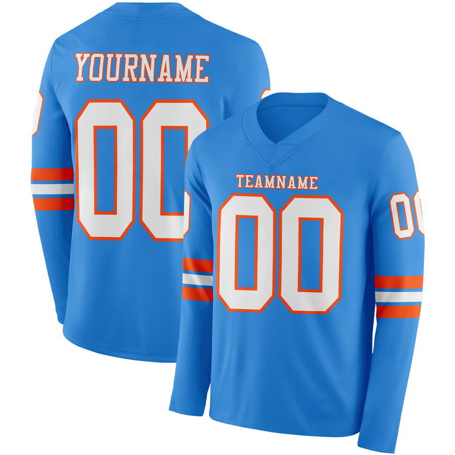 Custom Powder Blue White-Orange Long Sleeve Authentic Football Jersey