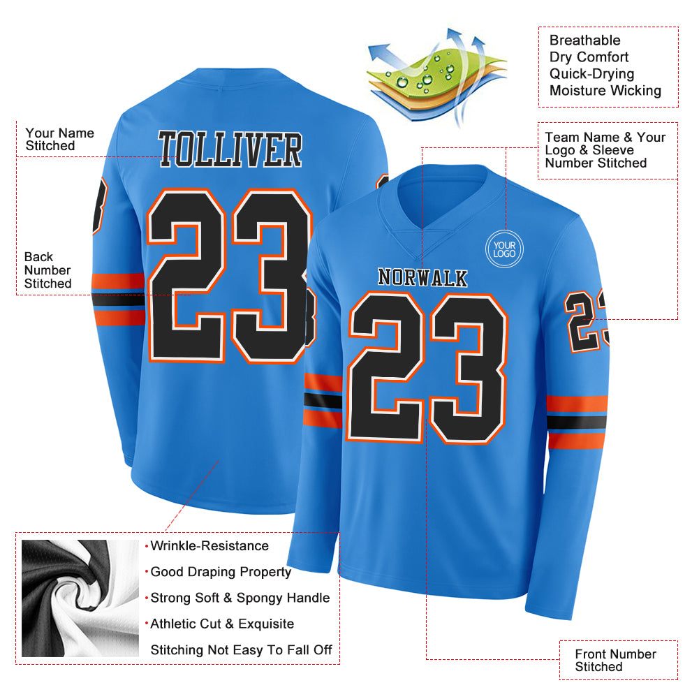 Custom Powder Blue Black White-Orange Long Sleeve Authentic Football Jersey