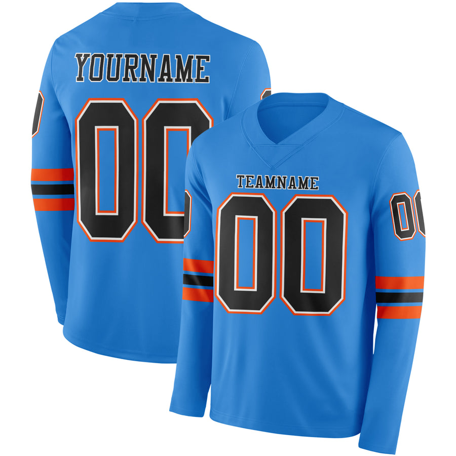 Custom Powder Blue Black White-Orange Long Sleeve Authentic Football Jersey