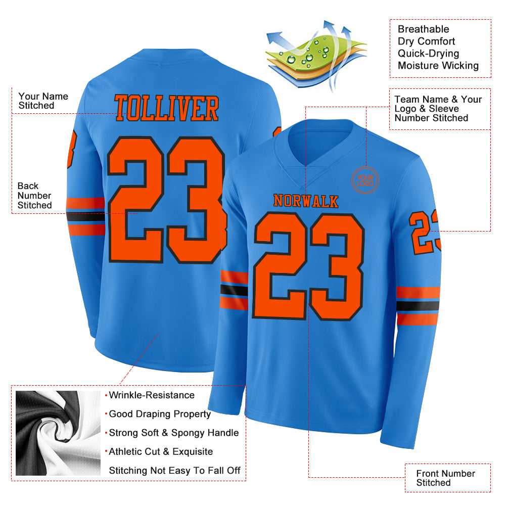 Custom Powder Blue Orange-Black Long Sleeve Authentic Football Jersey