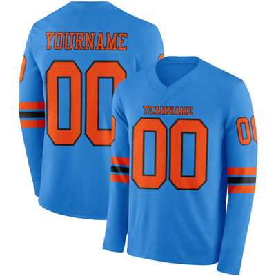 Custom Powder Blue Orange-Black Long Sleeve Authentic Football Jersey