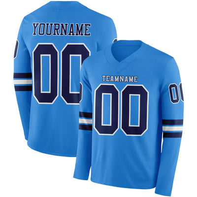 Custom Powder Blue Navy-White Long Sleeve Authentic Football Jersey