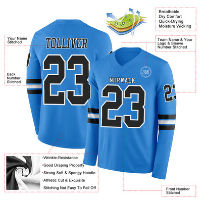 Custom Powder Blue Black-White Long Sleeve Authentic Football Jersey
