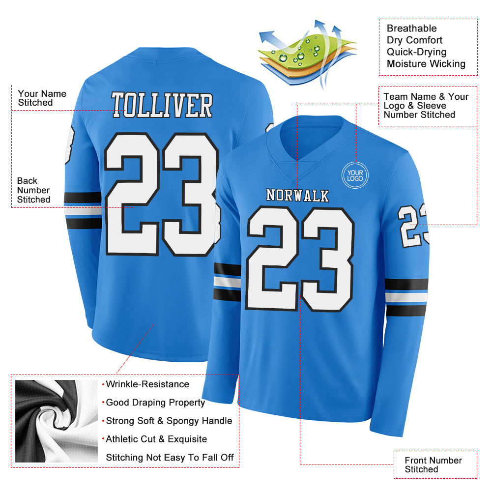 Custom Powder Blue White-Black Long Sleeve Authentic Football Jersey