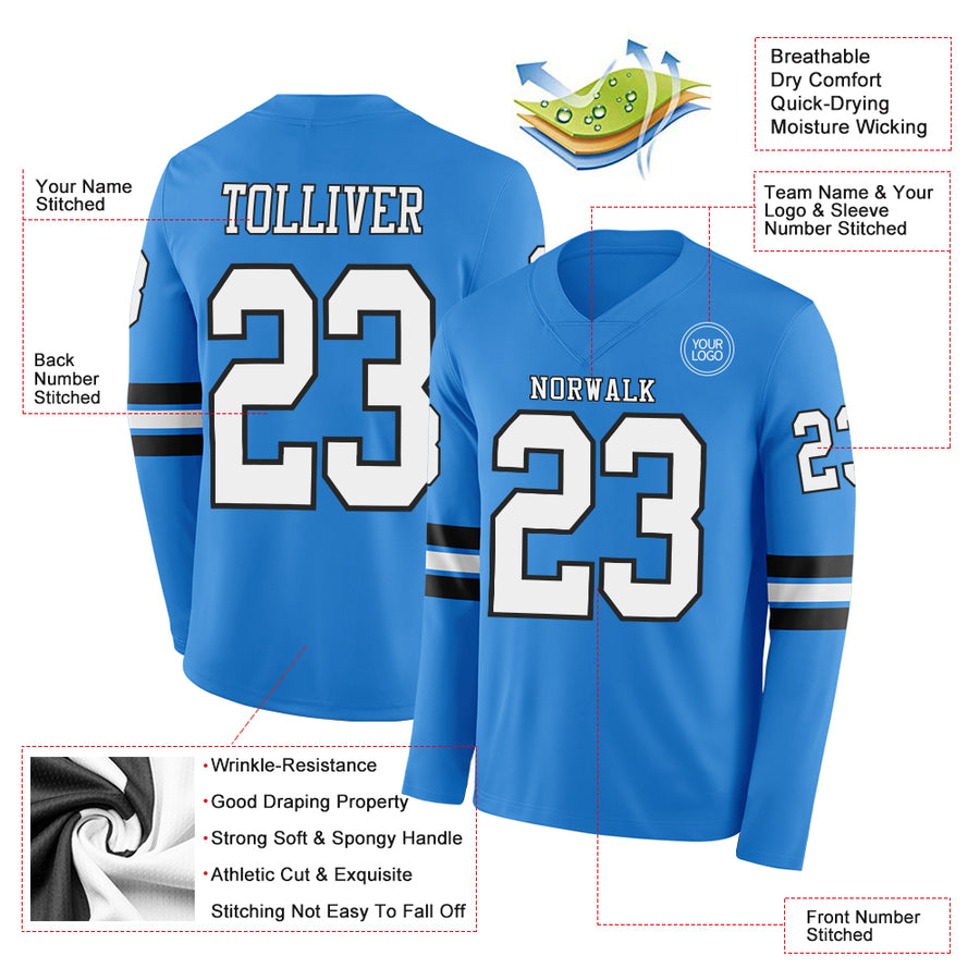 Custom Powder Blue White-Black Long Sleeve Authentic Football Jersey