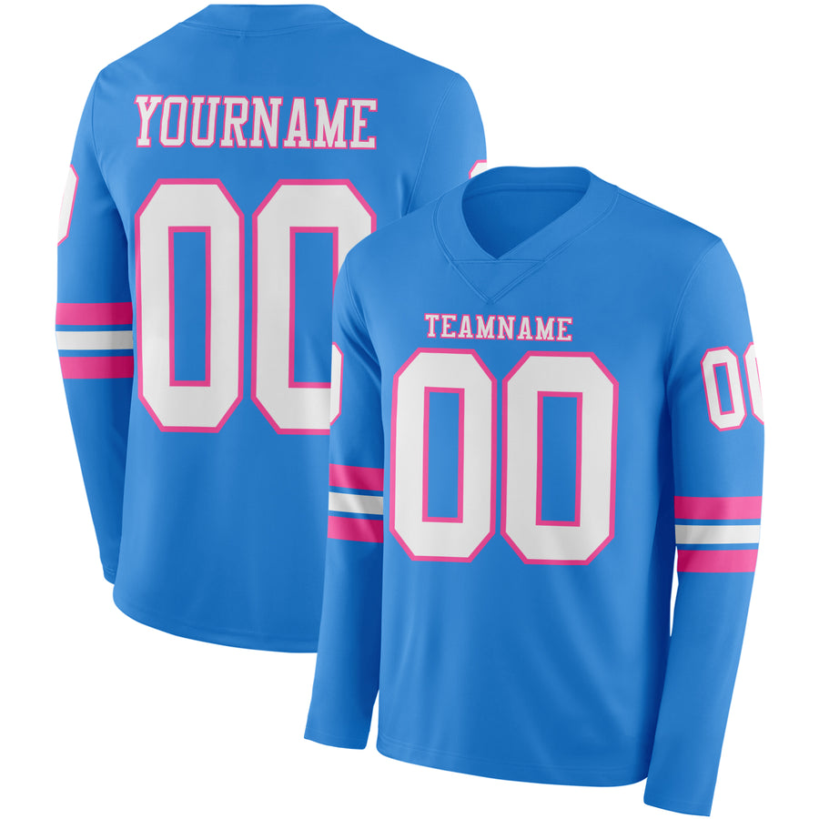 Custom Powder Blue White-Pink Long Sleeve Authentic Football Jersey