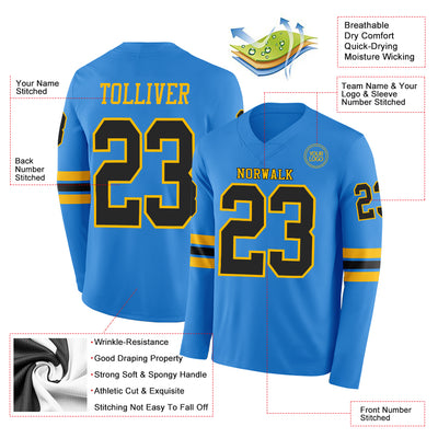 Custom Powder Blue Black-Gold Long Sleeve Authentic Football Jersey
