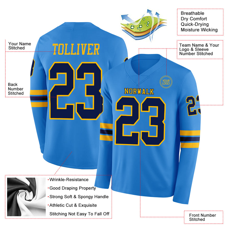 Custom Powder Blue Navy-Gold Long Sleeve Authentic Football Jersey