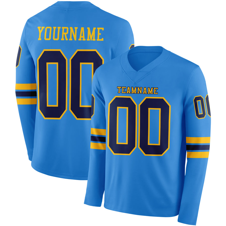 Custom Powder Blue Navy-Gold Long Sleeve Authentic Football Jersey