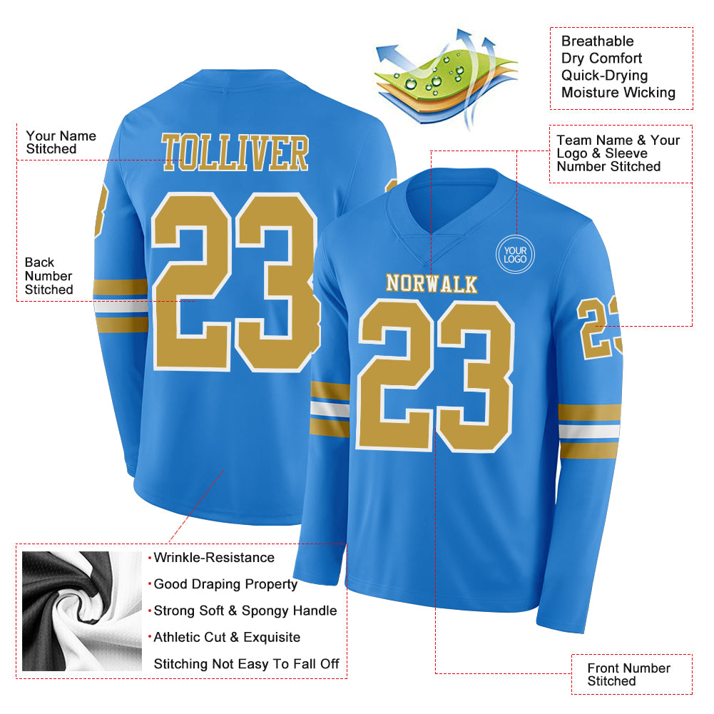 Custom Powder Blue Old Gold-White Long Sleeve Authentic Football Jersey