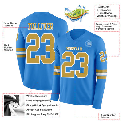 Custom Powder Blue Old Gold-White Long Sleeve Authentic Football Jersey