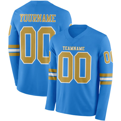 Custom Powder Blue Old Gold-White Long Sleeve Authentic Football Jersey