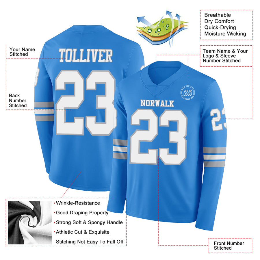 Custom Powder Blue White-Gray Long Sleeve Authentic Football Jersey