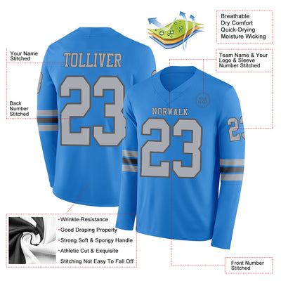 Custom Powder Blue Gray-Steel Gray Long Sleeve Authentic Football Jersey