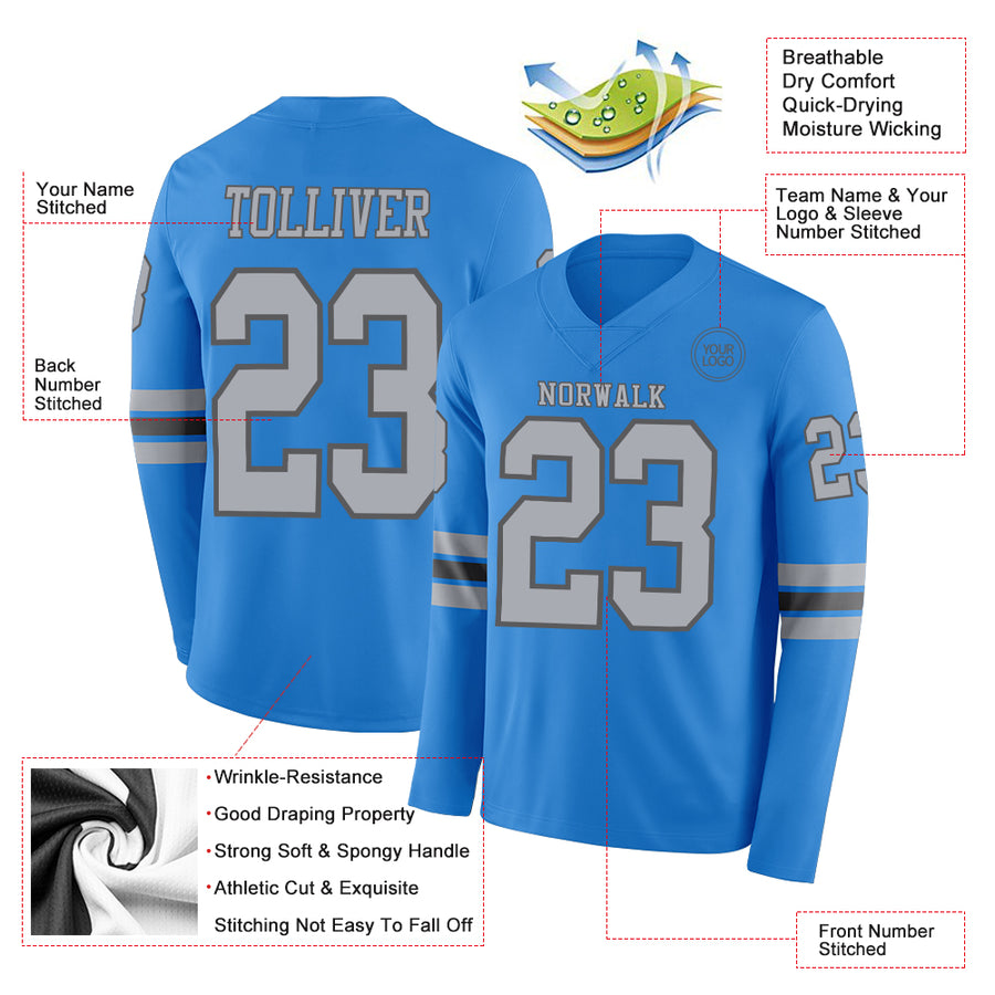Custom Powder Blue Gray-Steel Gray Long Sleeve Authentic Football Jersey