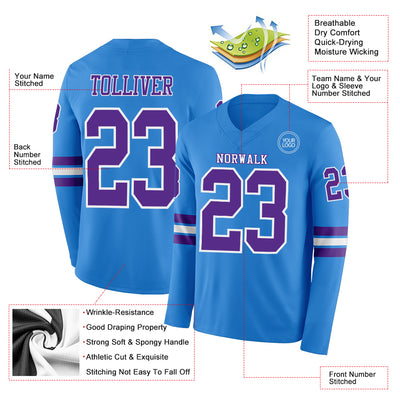 Custom Powder Blue Purple-White Long Sleeve Authentic Football Jersey