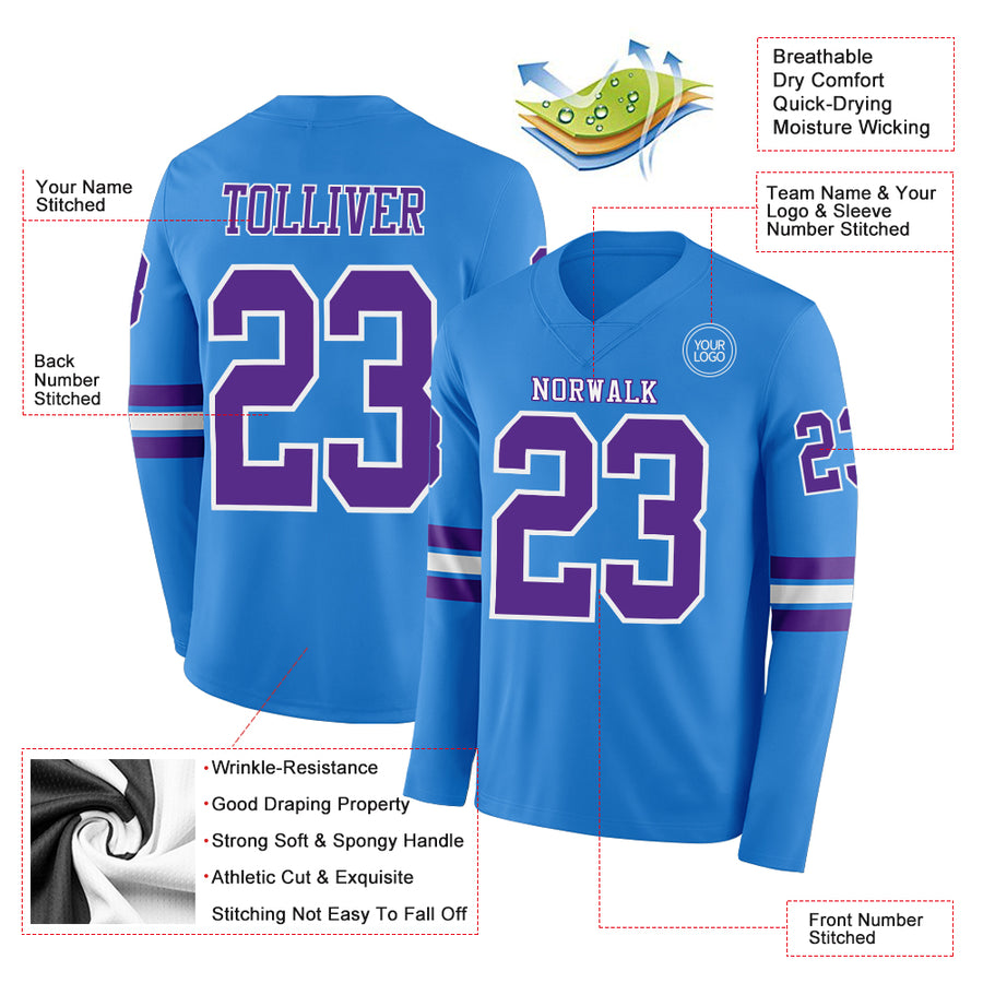 Custom Powder Blue Purple-White Long Sleeve Authentic Football Jersey