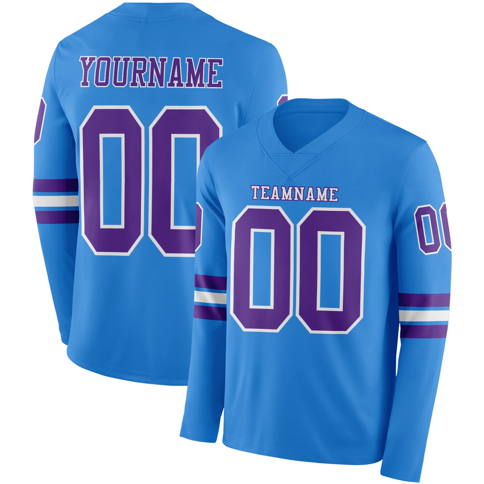 Custom Powder Blue Purple-White Long Sleeve Authentic Football Jersey