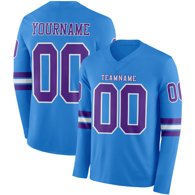Custom Powder Blue Purple-White Long Sleeve Authentic Football Jersey